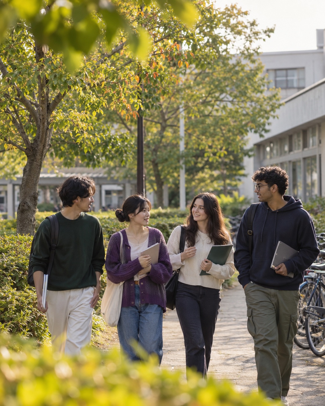 キャンパスで会話を楽しむ学生たち