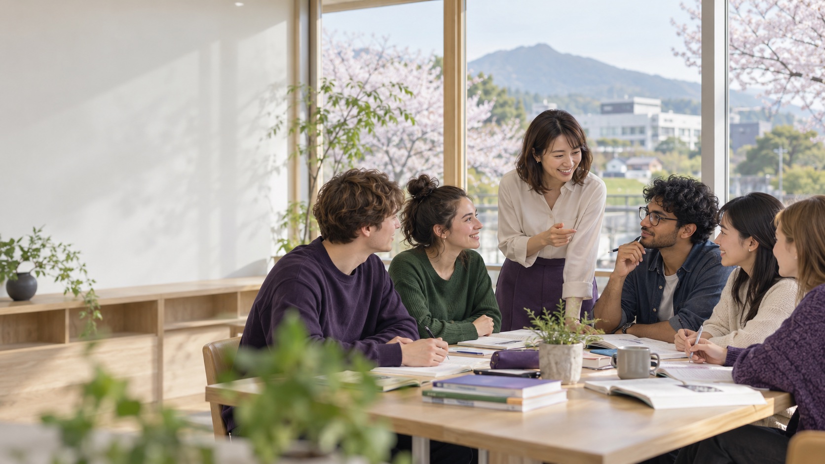 明るい教室で先生と日本語を学ぶ学生たち